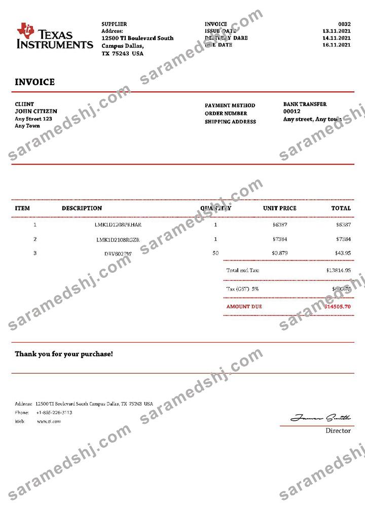 USA Texas Instruments invoice